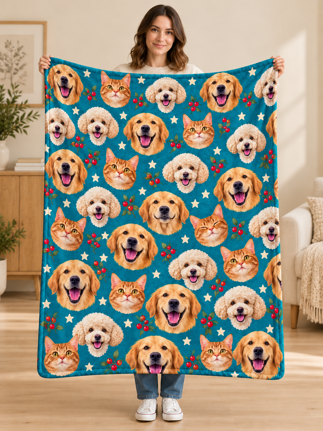 Woman holding a teal fleece blanket covered in repeating dog and cat faces