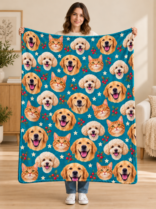 Woman holding a teal fleece blanket covered in repeating dog and cat faces