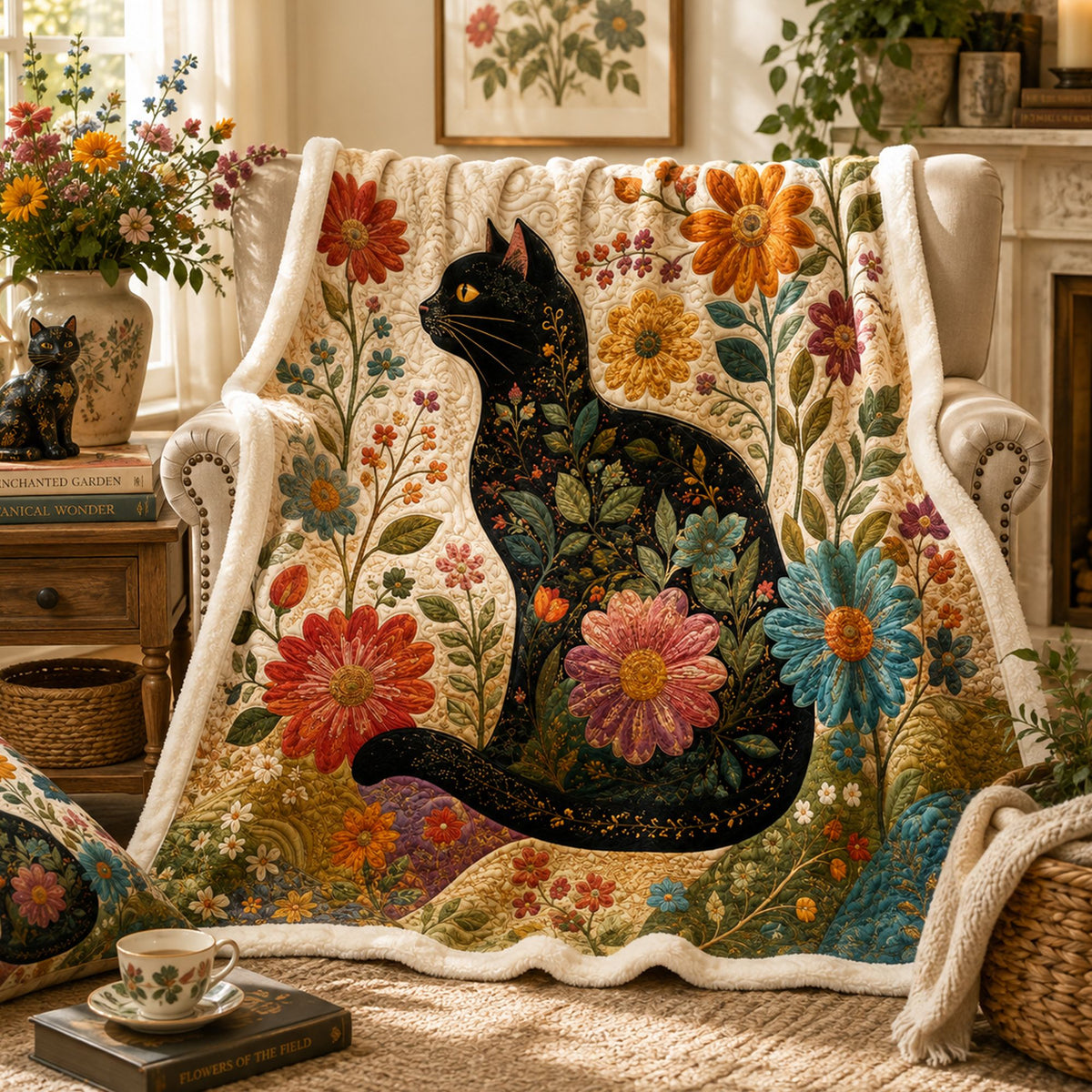 PawMoM chrysanthemum black cat sherpa blanket
