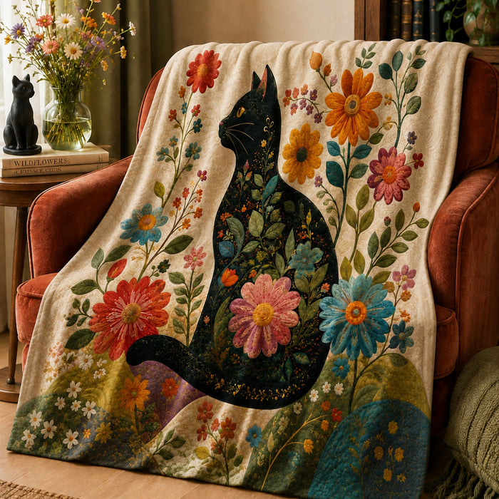PawMoM chrysanthemum black cat soft throw blanket