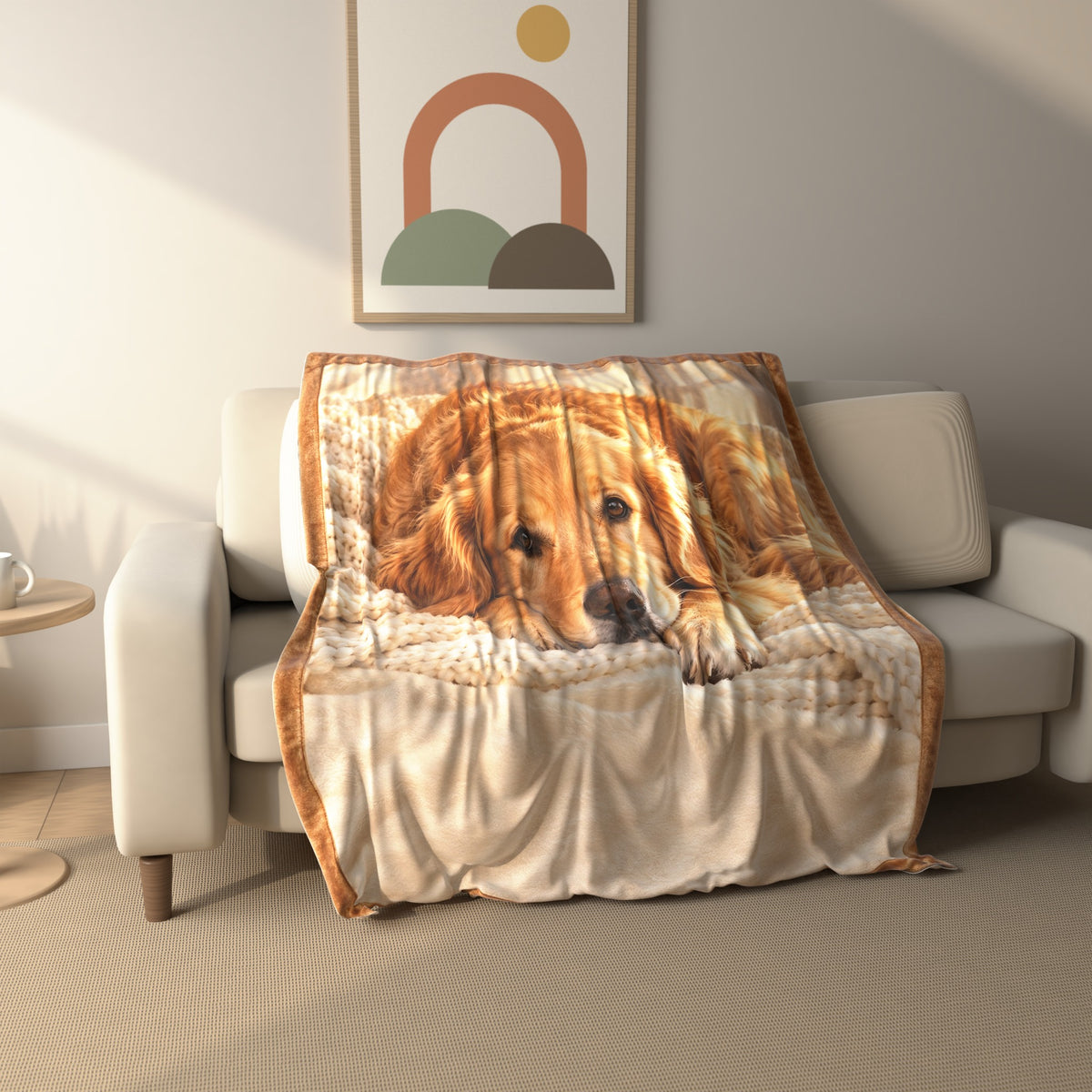 Cozy Golden Retriever Portrait fleece throw blanket draped over a sofa
