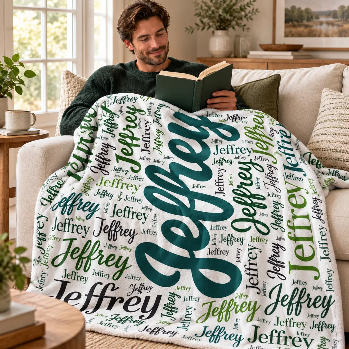 Word Cloud name blanket on a sofa