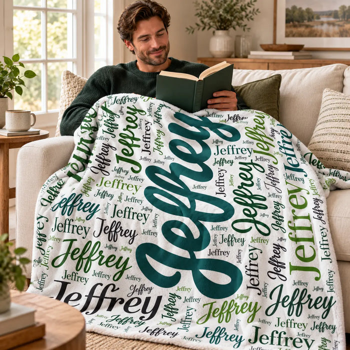 Word Cloud name blanket on a sofa