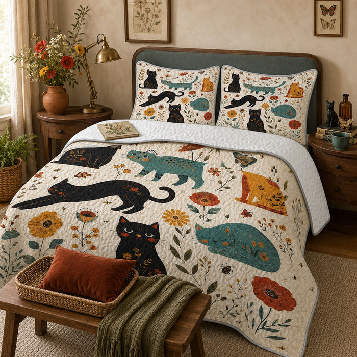 PawMoM daisy folk cats quilt set