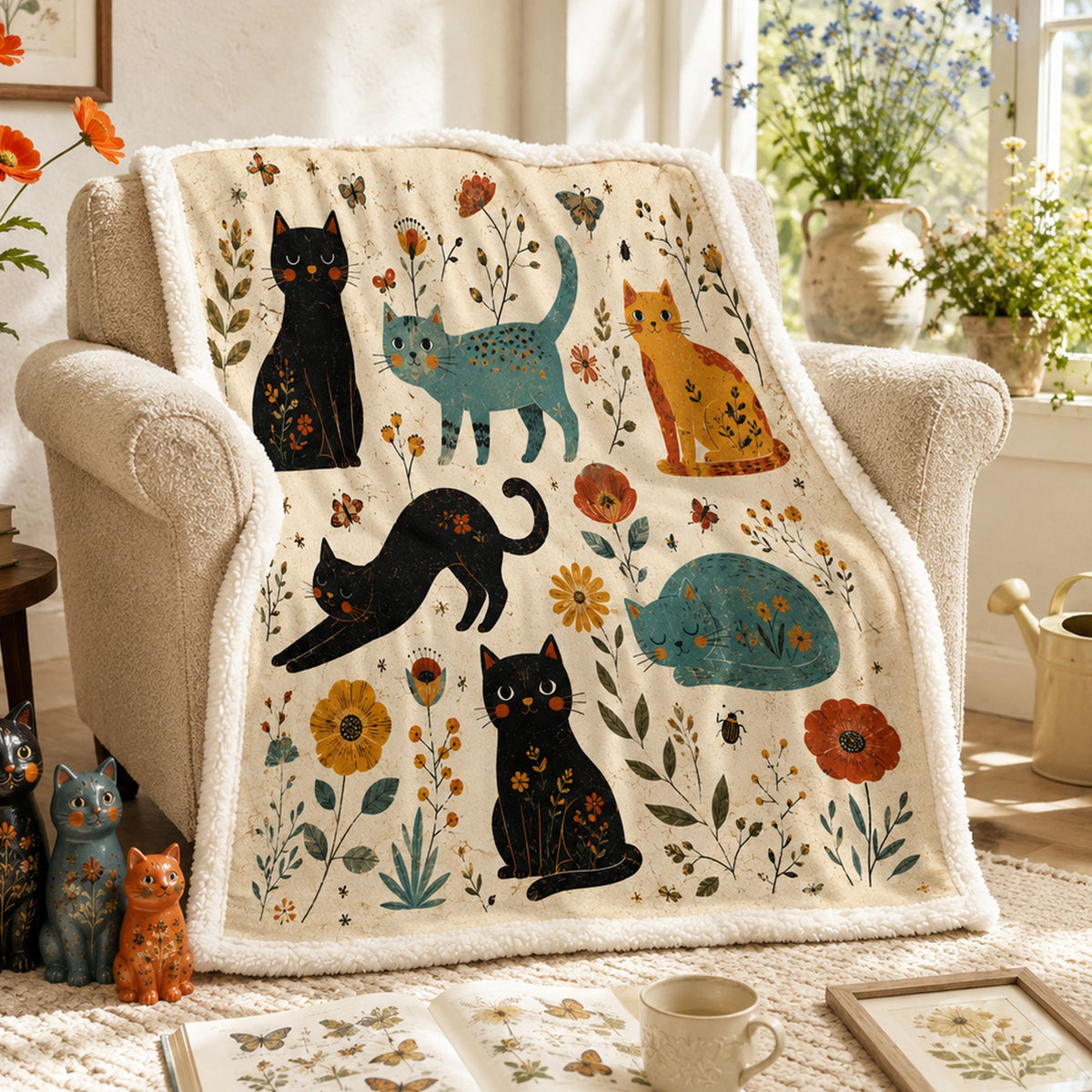 PawMoM daisy folk cats sherpa blanket