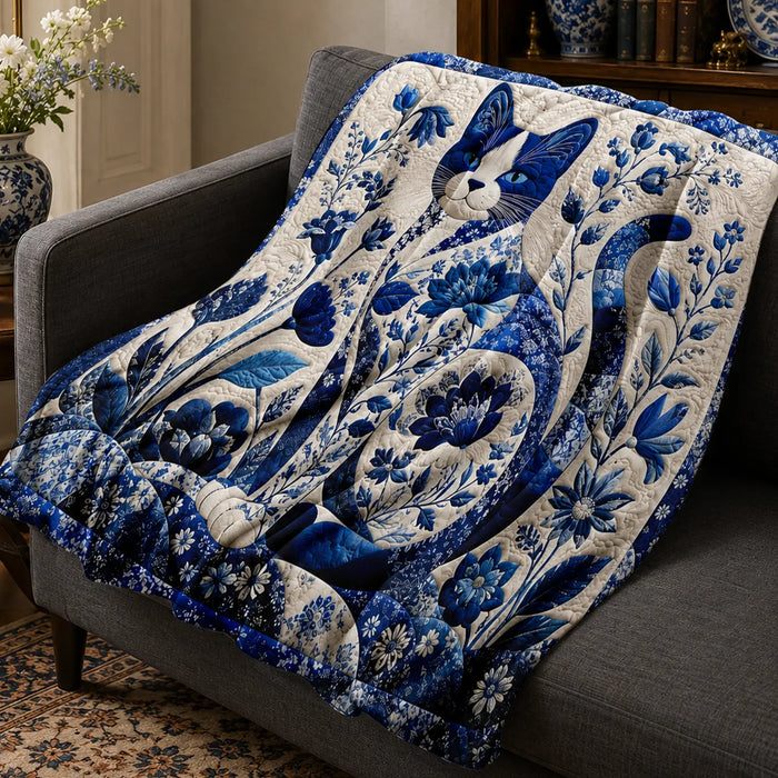Delft Blue Botanical Cat Soft Throw Blanket — PawMoM