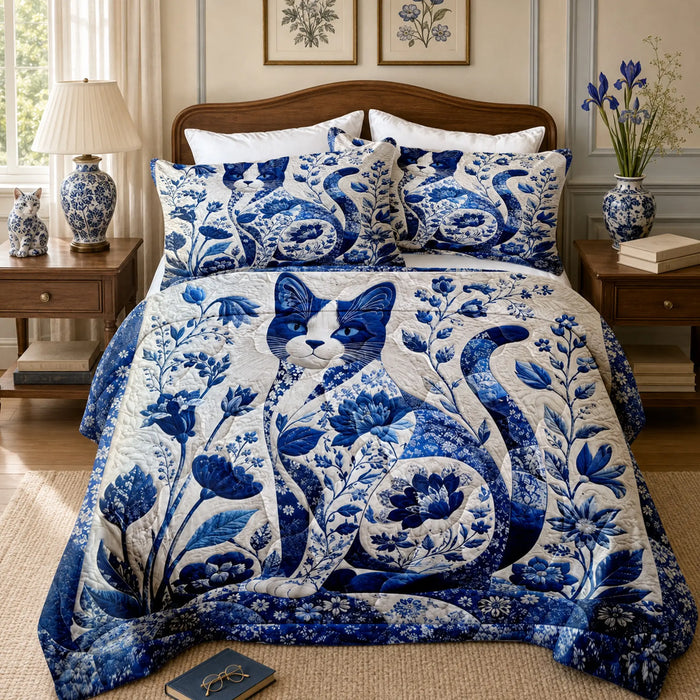 Delft Blue Botanical Cat Quilt Set — PawMoM