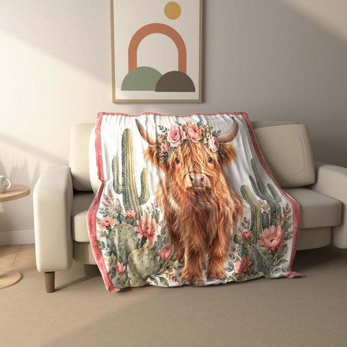 Desert Rose Highland Cow fleece throw blanket draped over a sofa