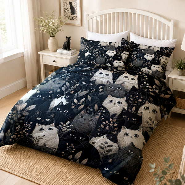 Moonlit Cat Gathering Comforter Set on a made bed