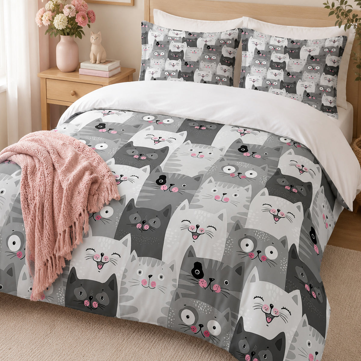 Grey Kawaii Cat Duvet Cover Set on a made bed