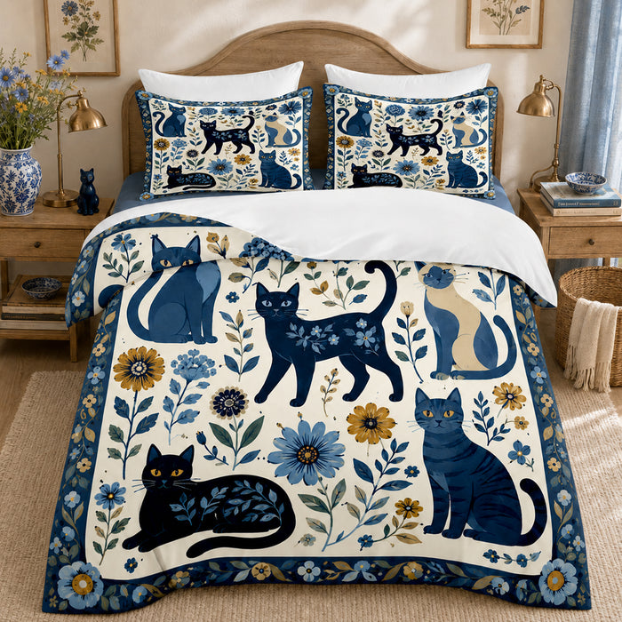 Indigo Bloom Cat Duvet Cover Set on a made bed
