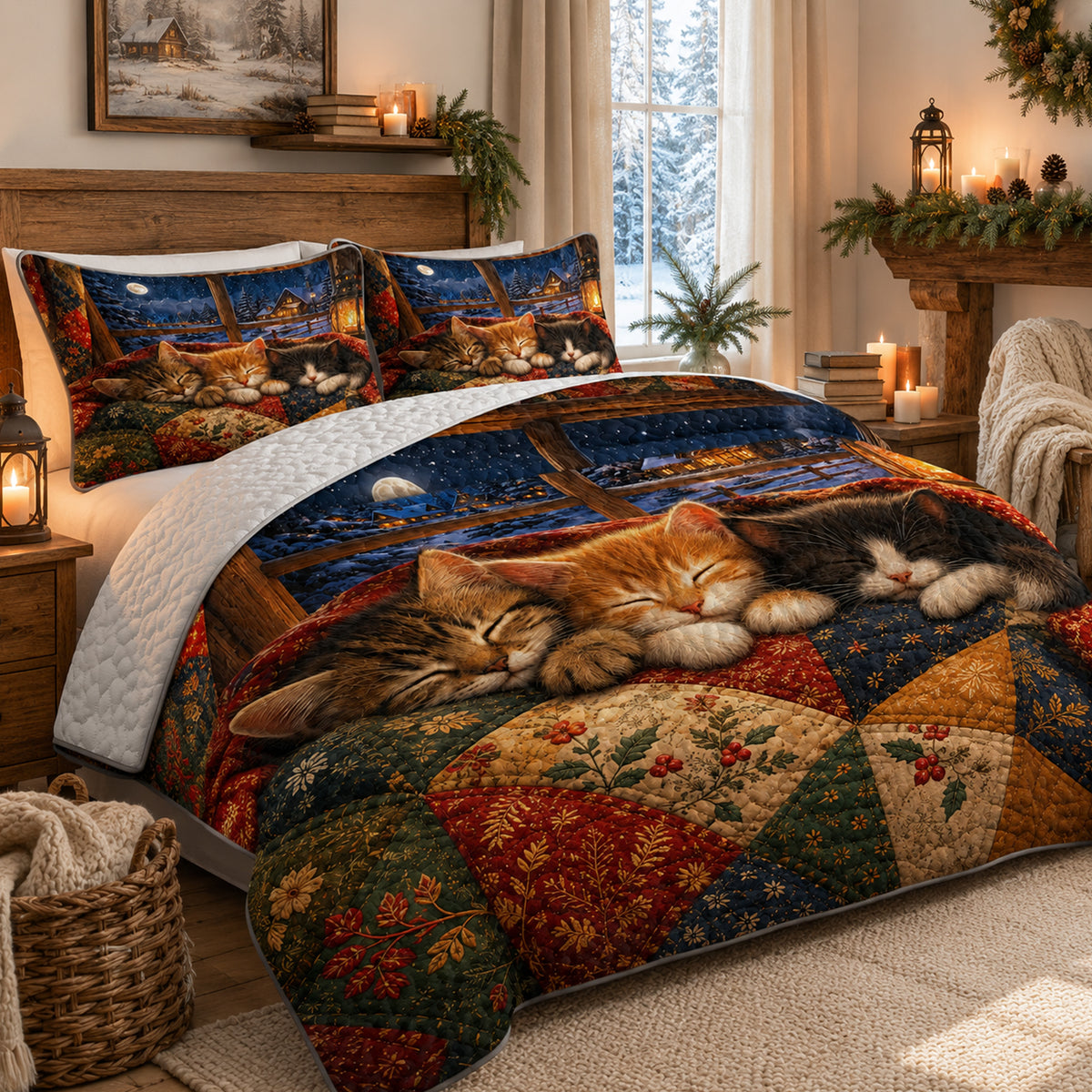 Snowfall Window Kittens Quilt Set on a made bed