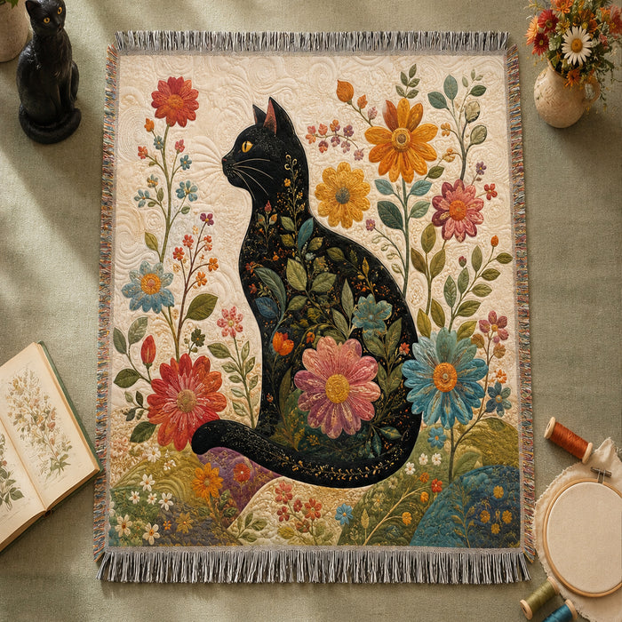 Chrysanthemum Garden Cat Woven Throw Blanket on a made bed