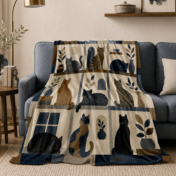 Heritage Block Cat Fleece Throw Blanket on a made bed