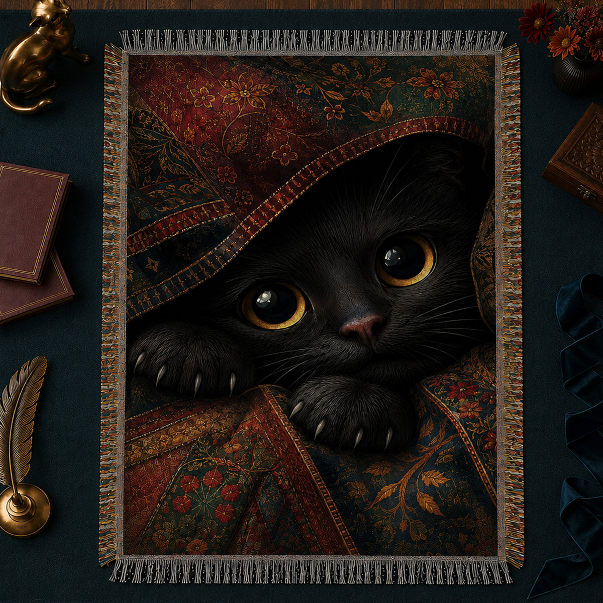 Amber Eyes Black Cat Woven Throw Blanket on a made bed