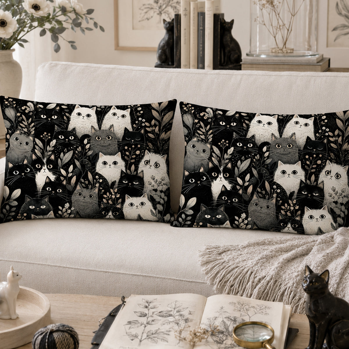 Moonlit Cat Gathering Pillowcase Set on a made bed
