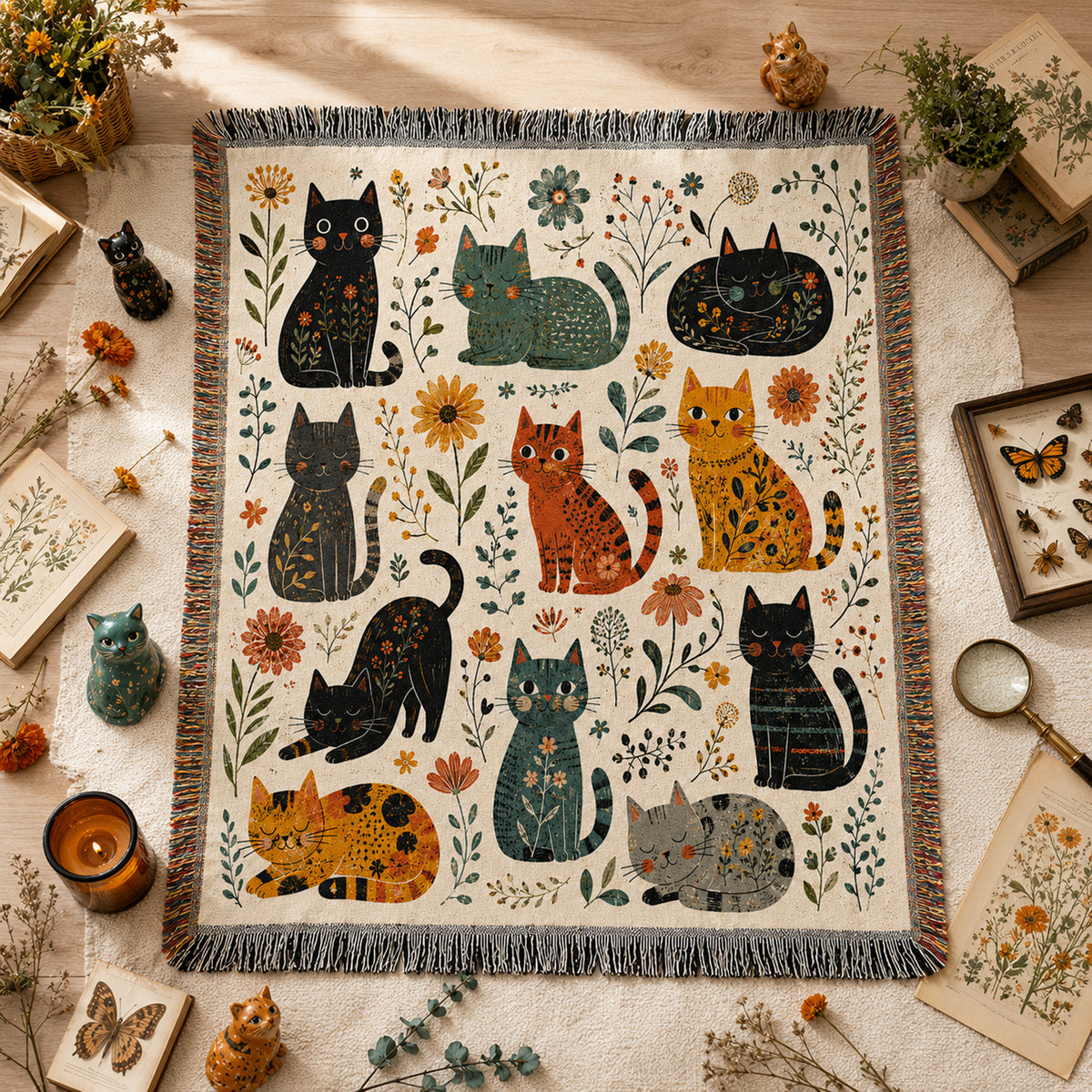 Folk Garden Kittens Woven Throw Blanket on a made bed