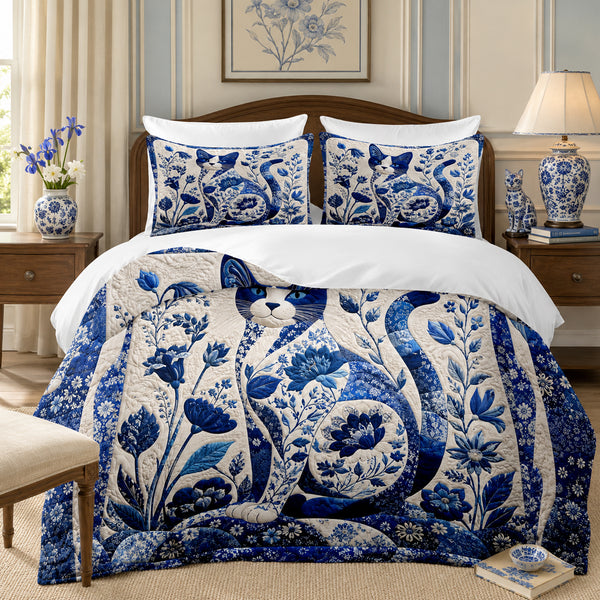 Porcelain Blue Cat Duvet Cover Set on a made bed