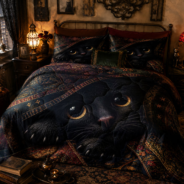 Amber Eyes Black Cat Comforter Set on a made bed