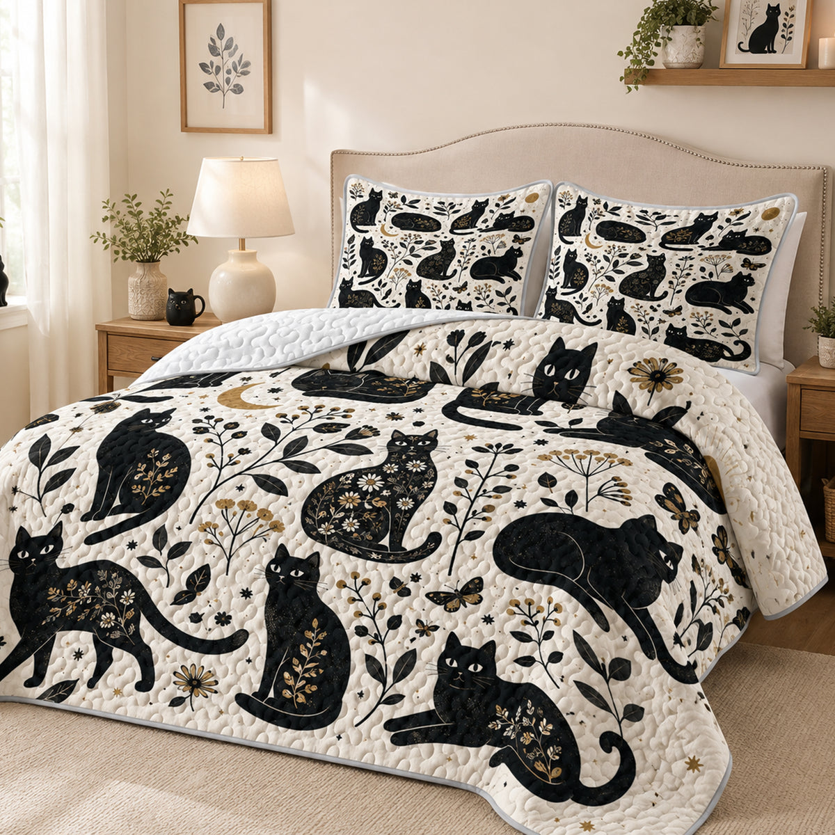 Gilded Silhouette Cat Quilt Set on a made bed