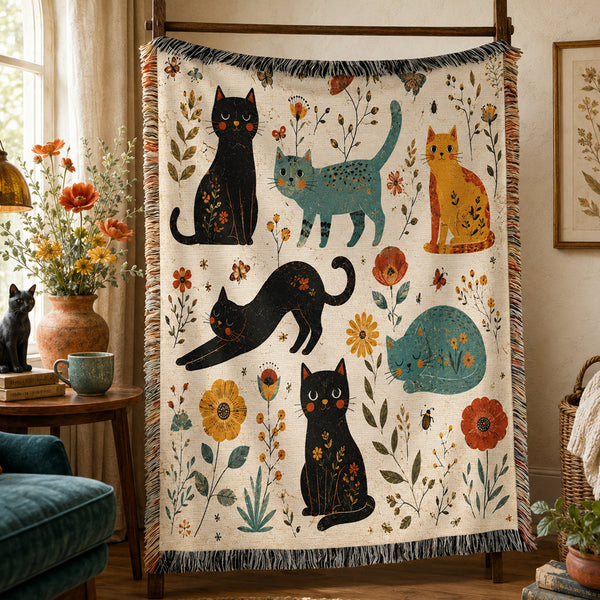 Wildflower Meadow Cat Woven Throw Blanket on a made bed