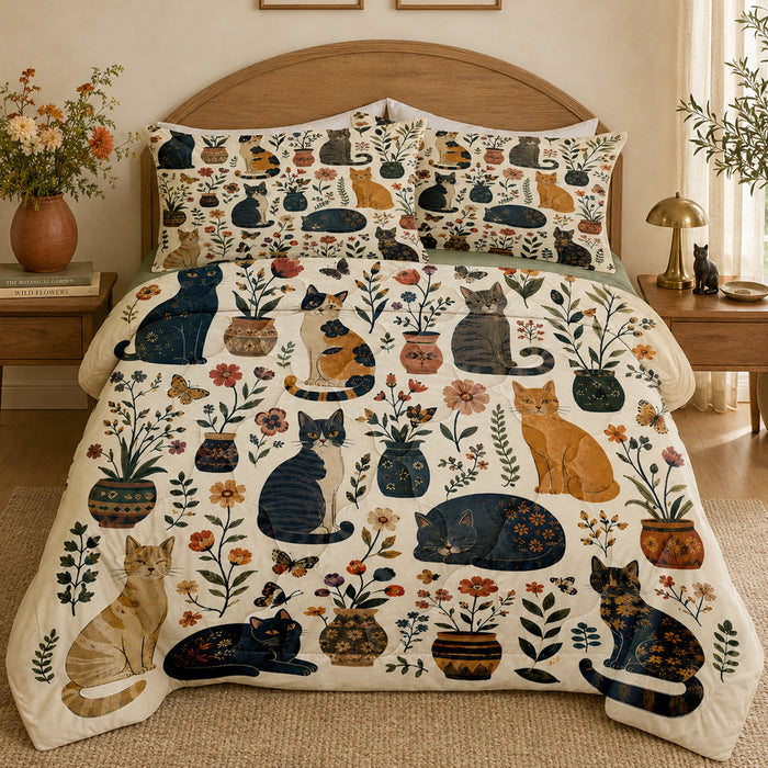 Cottage Flowerpot Cat Comforter Set on a made bed