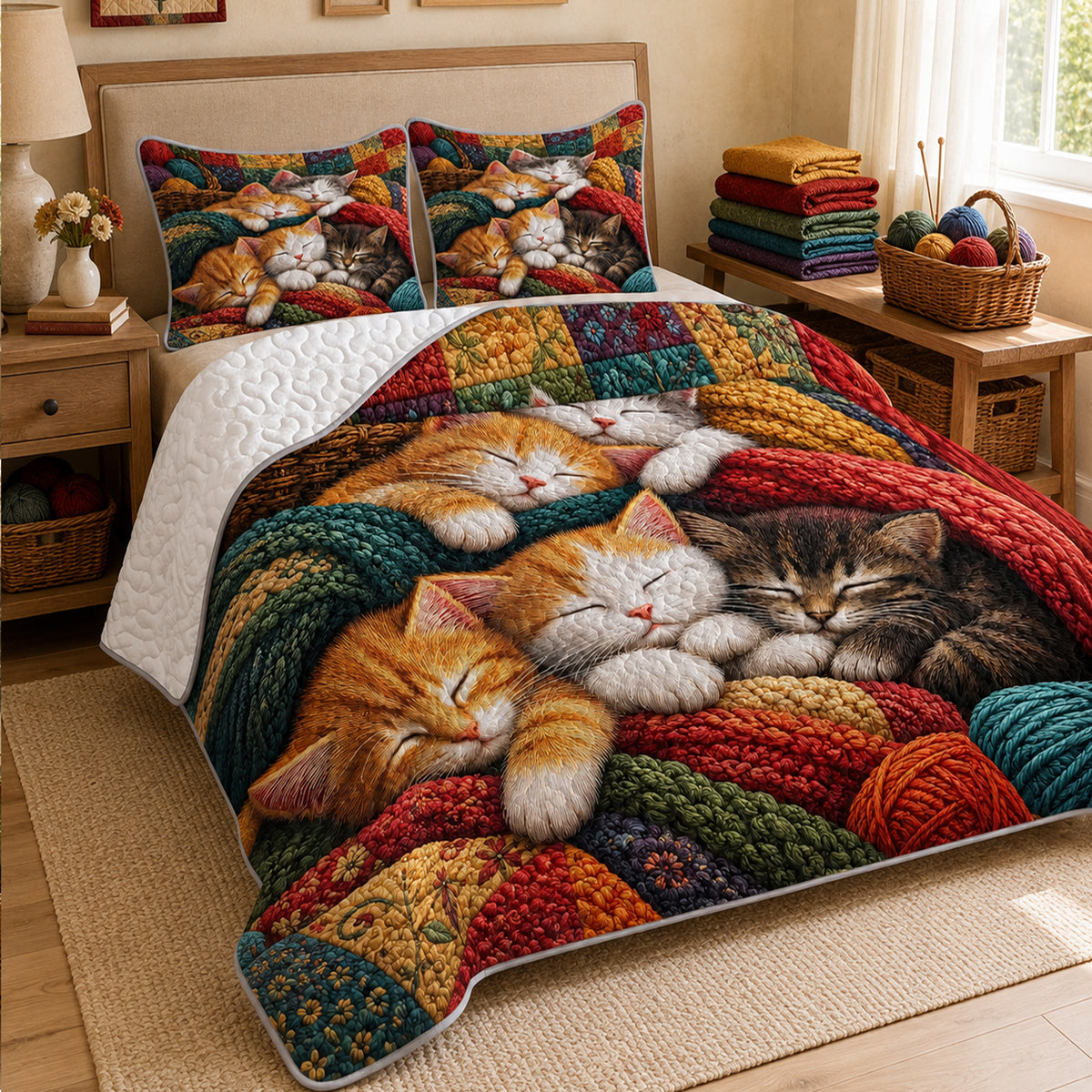 Sleepy Yarn Kittens Quilt Set on a made bed