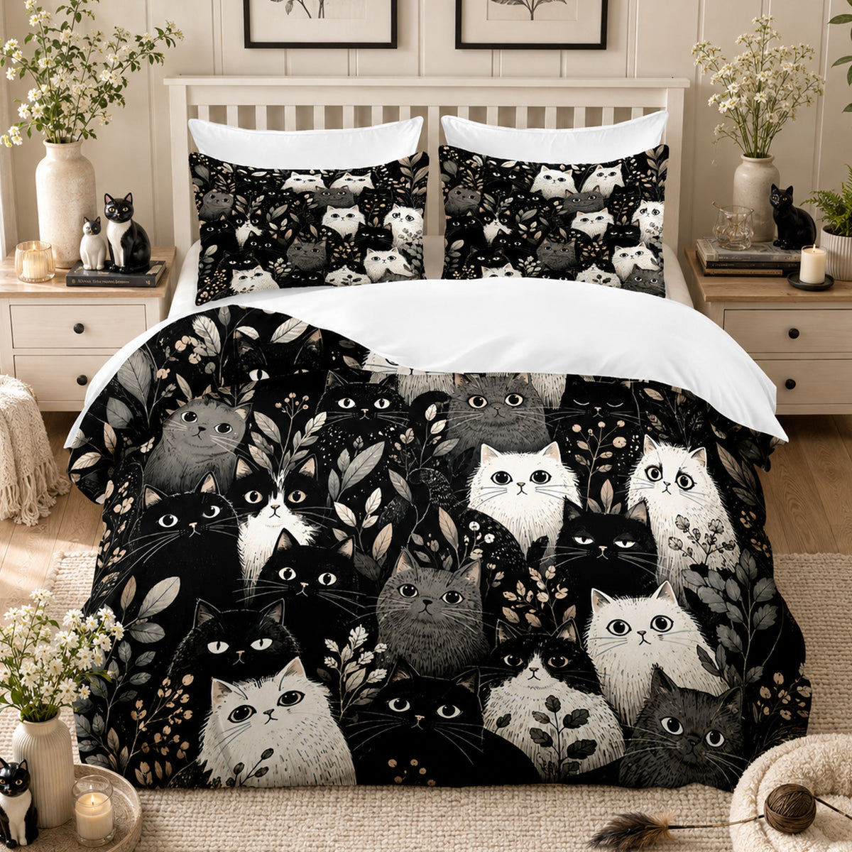 Moonlit Cat Gathering Duvet Cover Set on a made bed