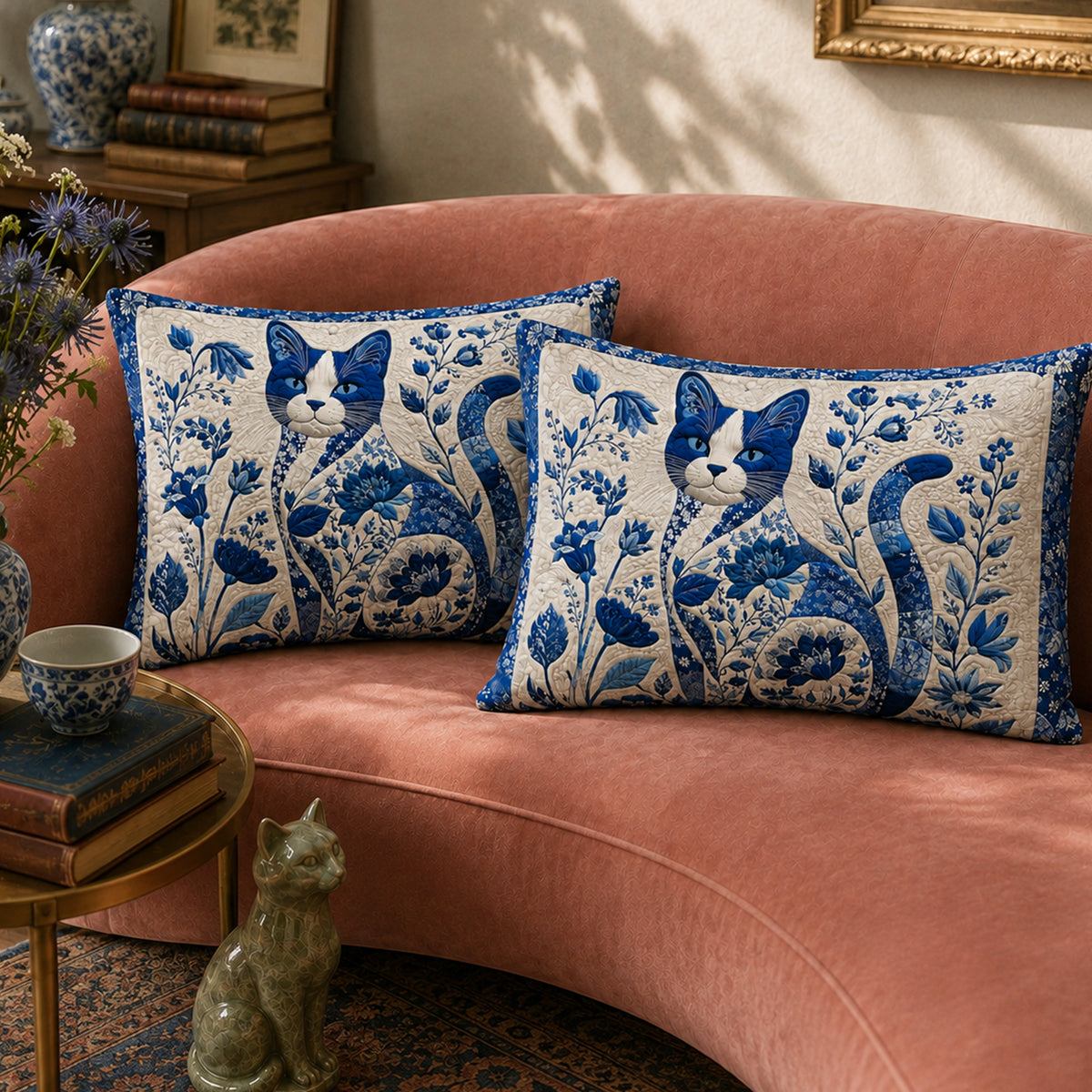 Porcelain Blue Cat Pillowcase Set on a made bed