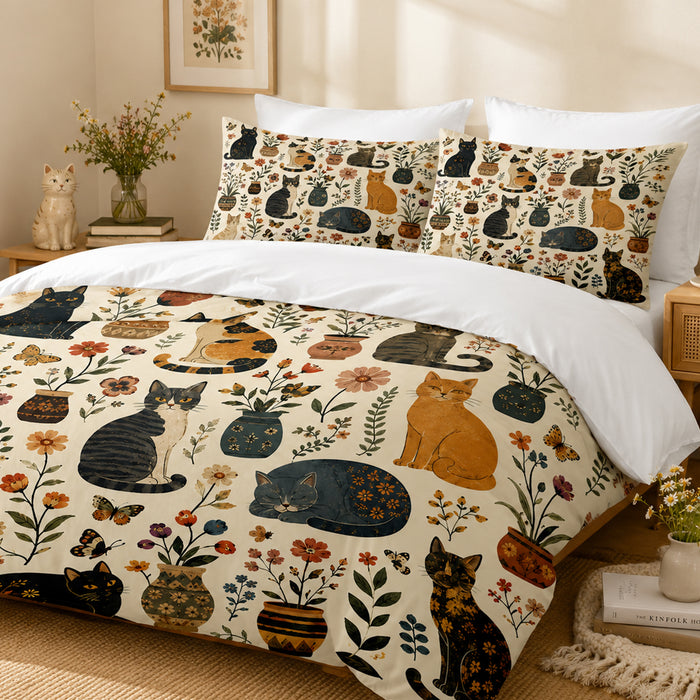 Cottage Flowerpot Cat Duvet Cover Set on a made bed