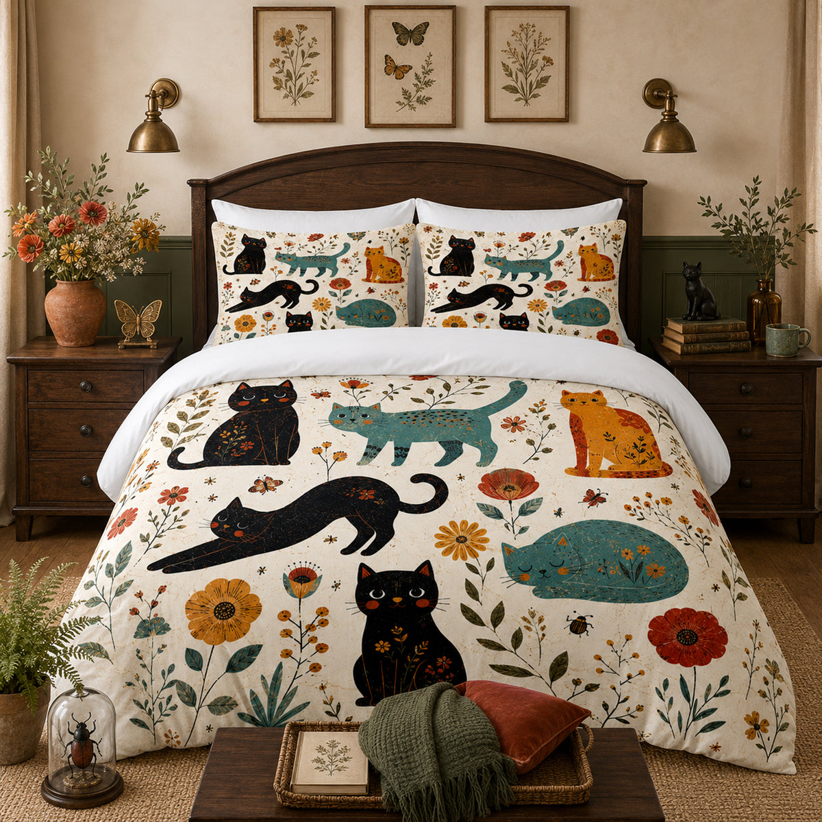 Wildflower Meadow Cat Duvet Cover Set on a made bed