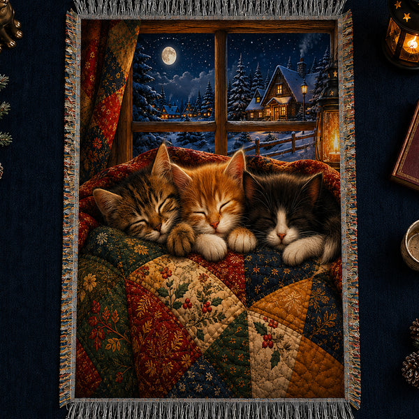 Snowfall Window Kittens Woven Throw Blanket on a made bed