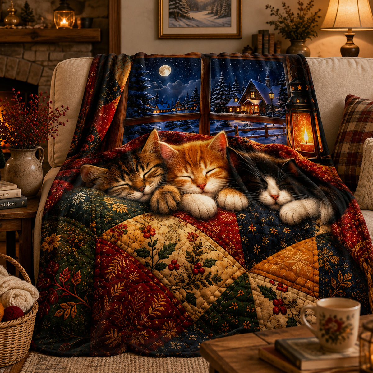 Snowfall Window Kittens Fleece Throw Blanket on a made bed
