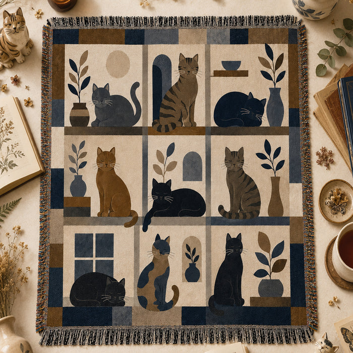 Heritage Block Cat Woven Throw Blanket on a made bed