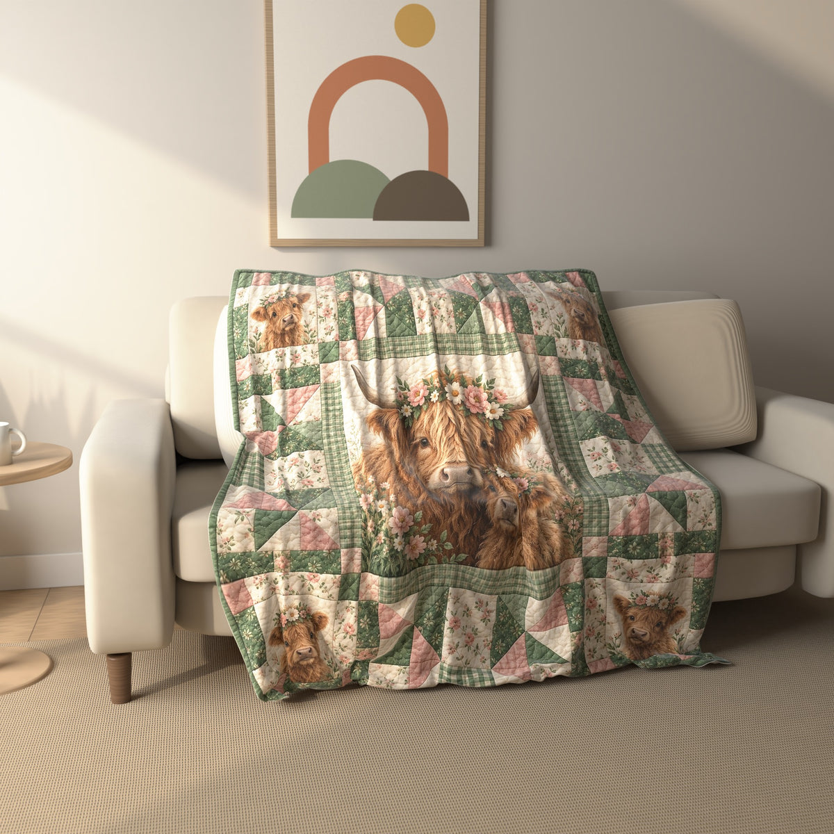 Floral Patchwork Highland Cow fleece throw blanket draped over a sofa