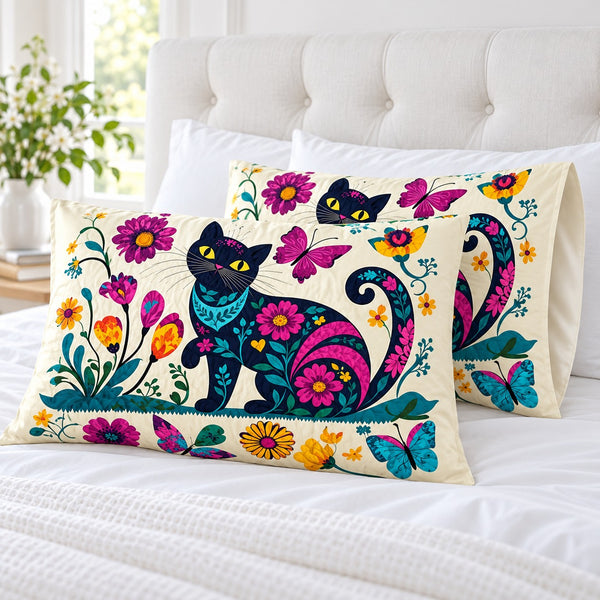 Folk Garden Black Cat pillowcases – set of two printed envelope pillowcases on a white bed