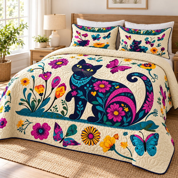 Folk Garden Black Cat quilt set – quilt and two matching shams on a queen bed in a bright neutral bedroom