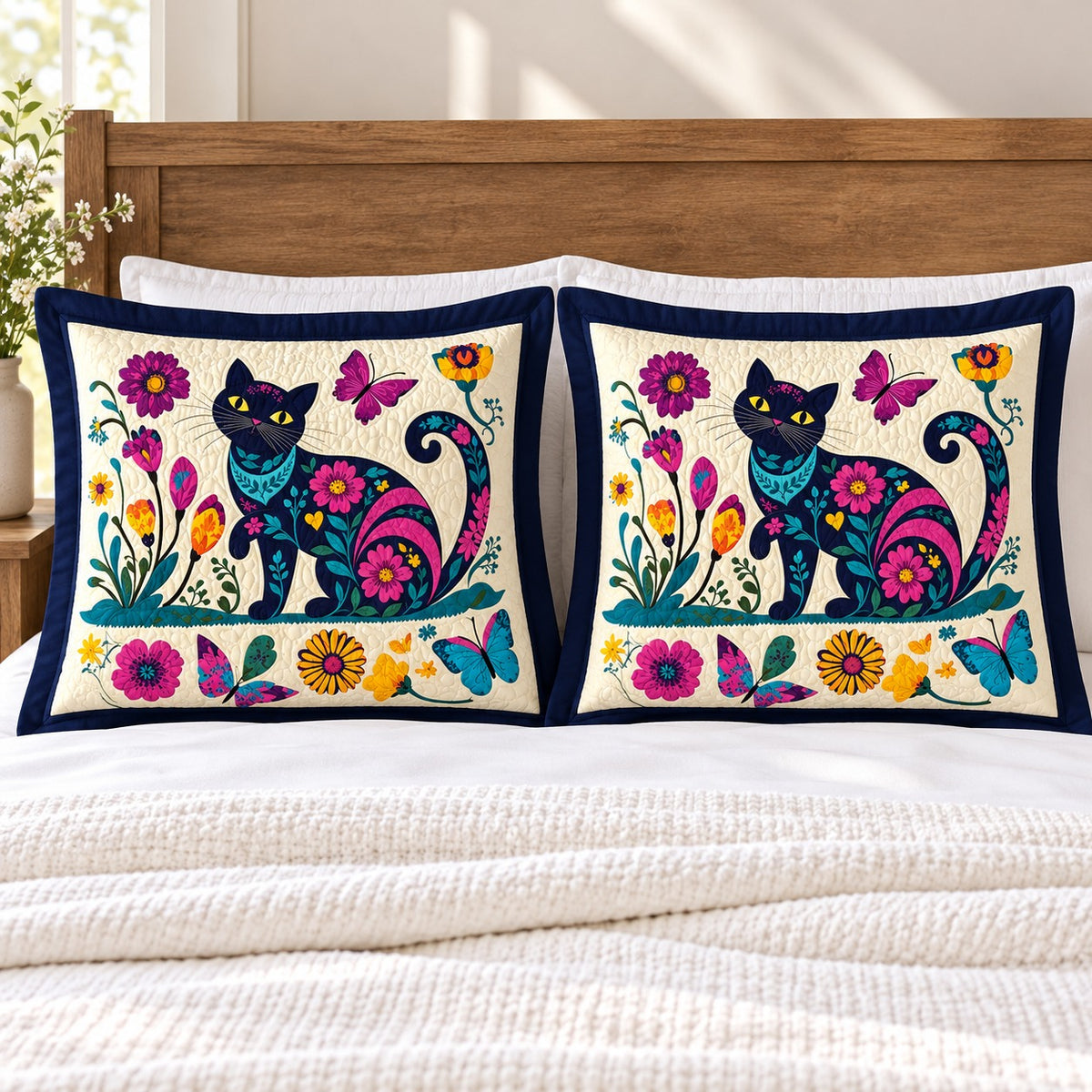Folk Garden Black Cat pillow shams – set of two flanged shams against a wooden headboard