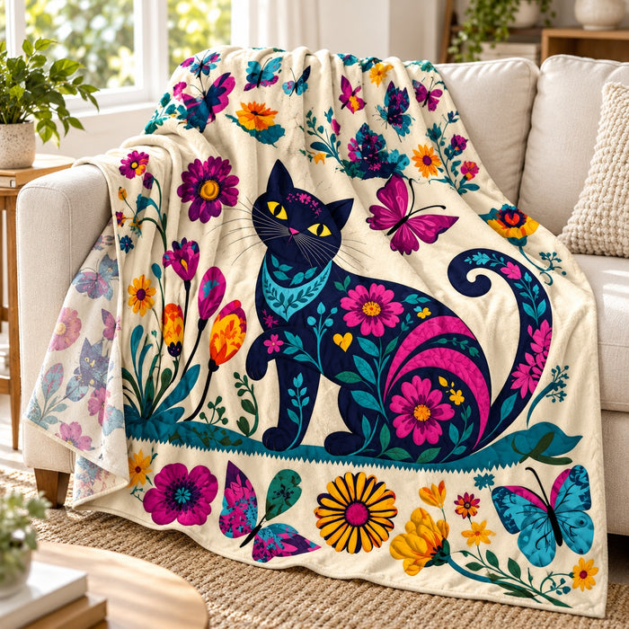 Folk Garden Black Cat throw blanket – lightweight printed flannel fleece draped over a cream sofa