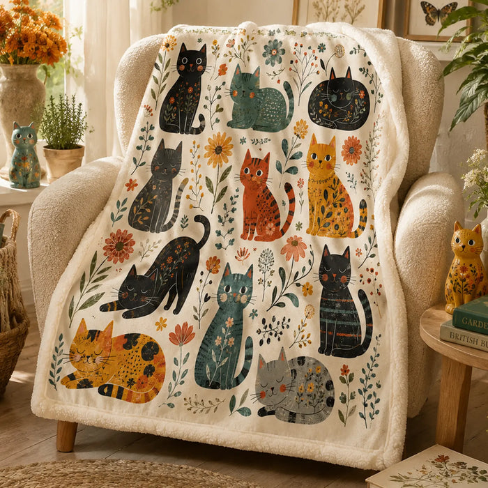 Folk Garden Cats Sherpa Blanket — PawMoM