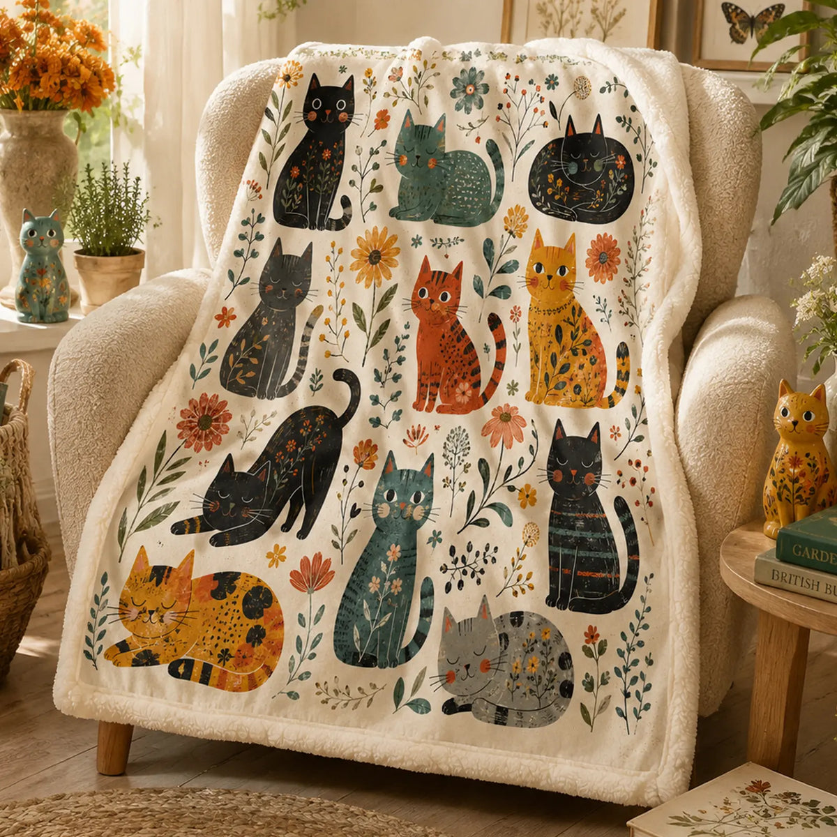 Folk Garden Cats Sherpa Blanket — PawMoM