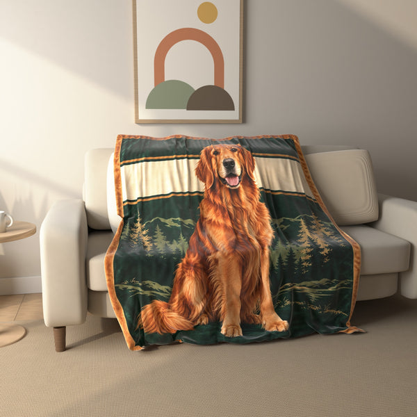 Forest Green Golden Retriever Portrait fleece throw blanket draped over a sofa