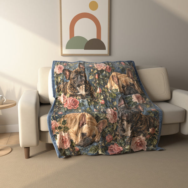 Garden Rose French Bulldogs fleece throw blanket draped over a sofa