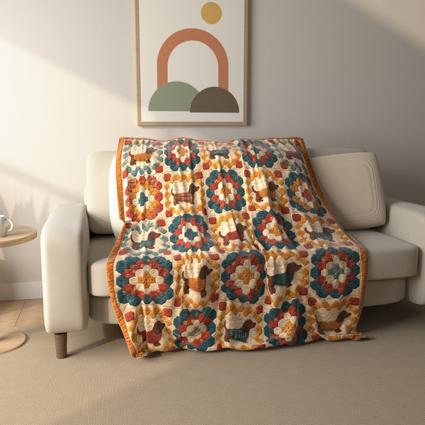 Granny Square Dachshund fleece throw blanket draped over a sofa