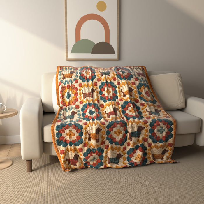 Granny Square Dachshund fleece throw blanket draped over a sofa