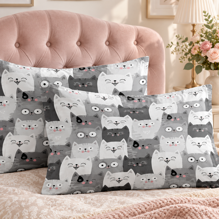 Grey Kawaii Cat pillowcase set