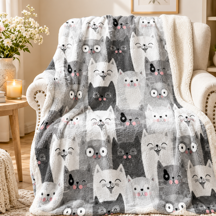 Grey Kawaii Cat sherpa blanket