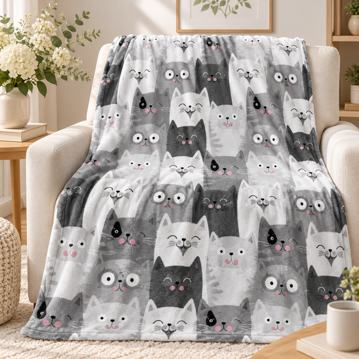 Grey Kawaii Cat soft throw blanket