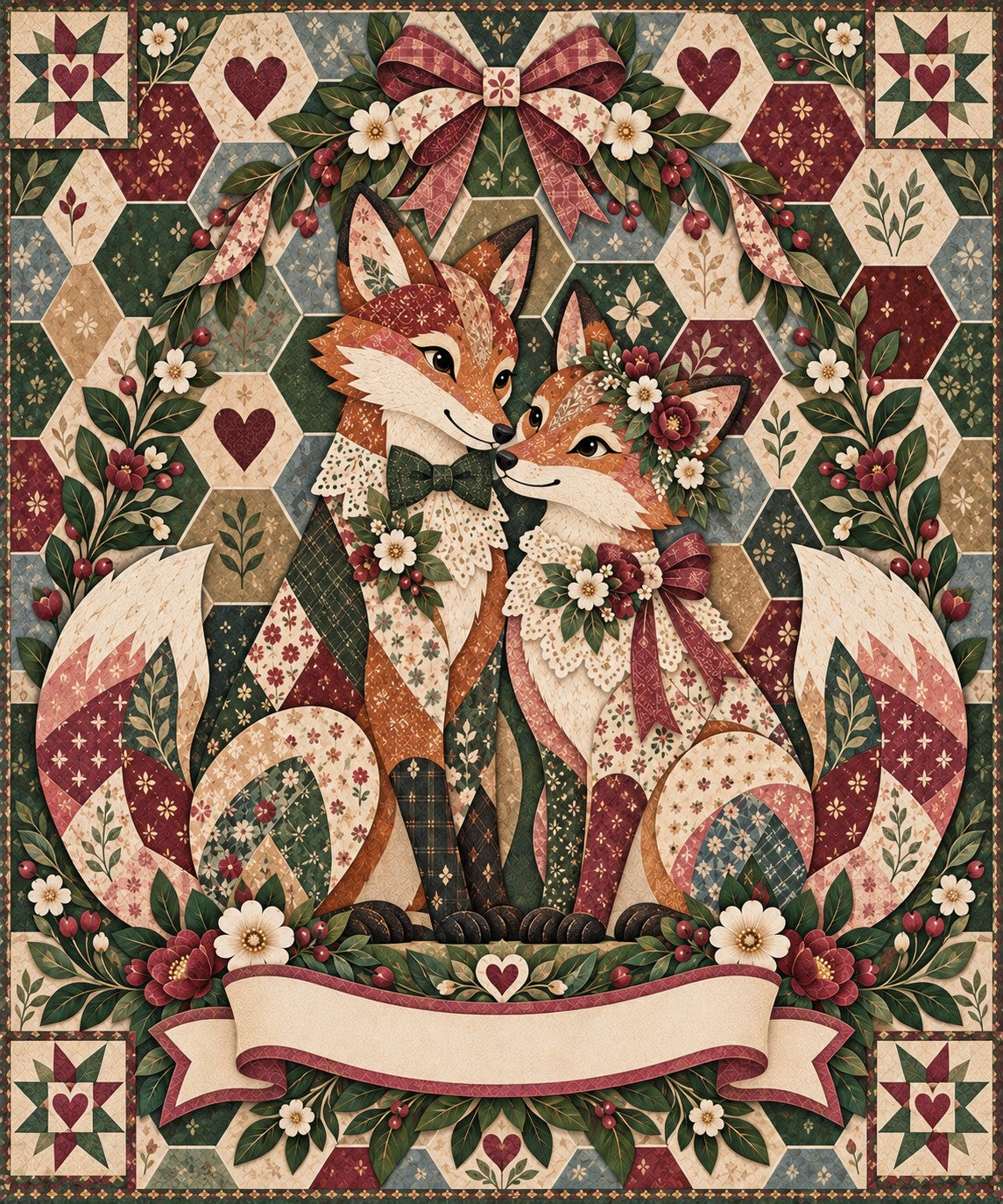 Heirloom Ribbon Fox Couple Name Blanket artwork — a fox couple with ribbons and a flower crown, framed by stars, hearts and hexagon patchwork, with a blank ribbon banner for your names and date