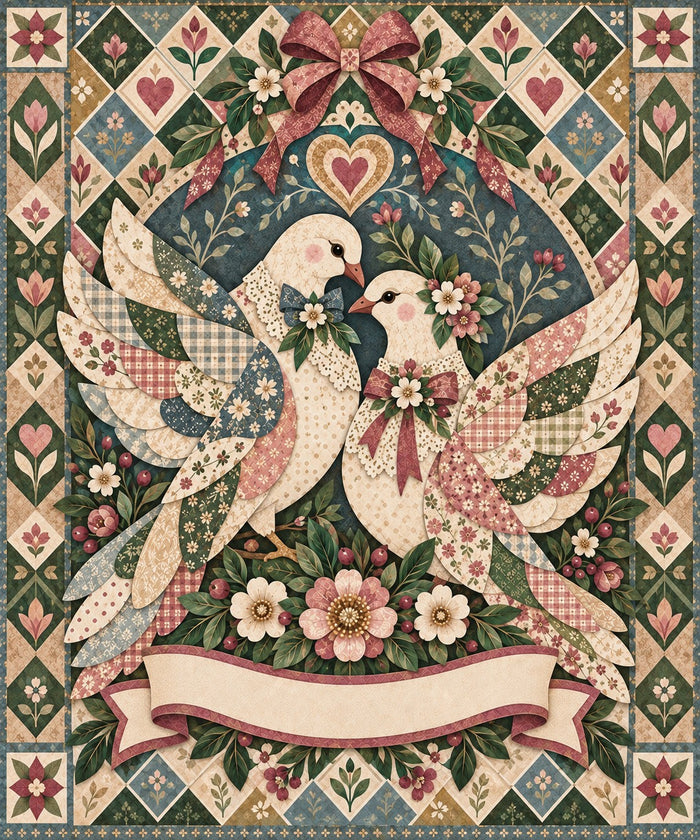 Heirloom Ribbon Lovebird Couple Name Blanket artwork — two lovebirds with wide patchwork wings under a folk-art heart, on a diamond-block quilt, with a blank ribbon banner for your names and date